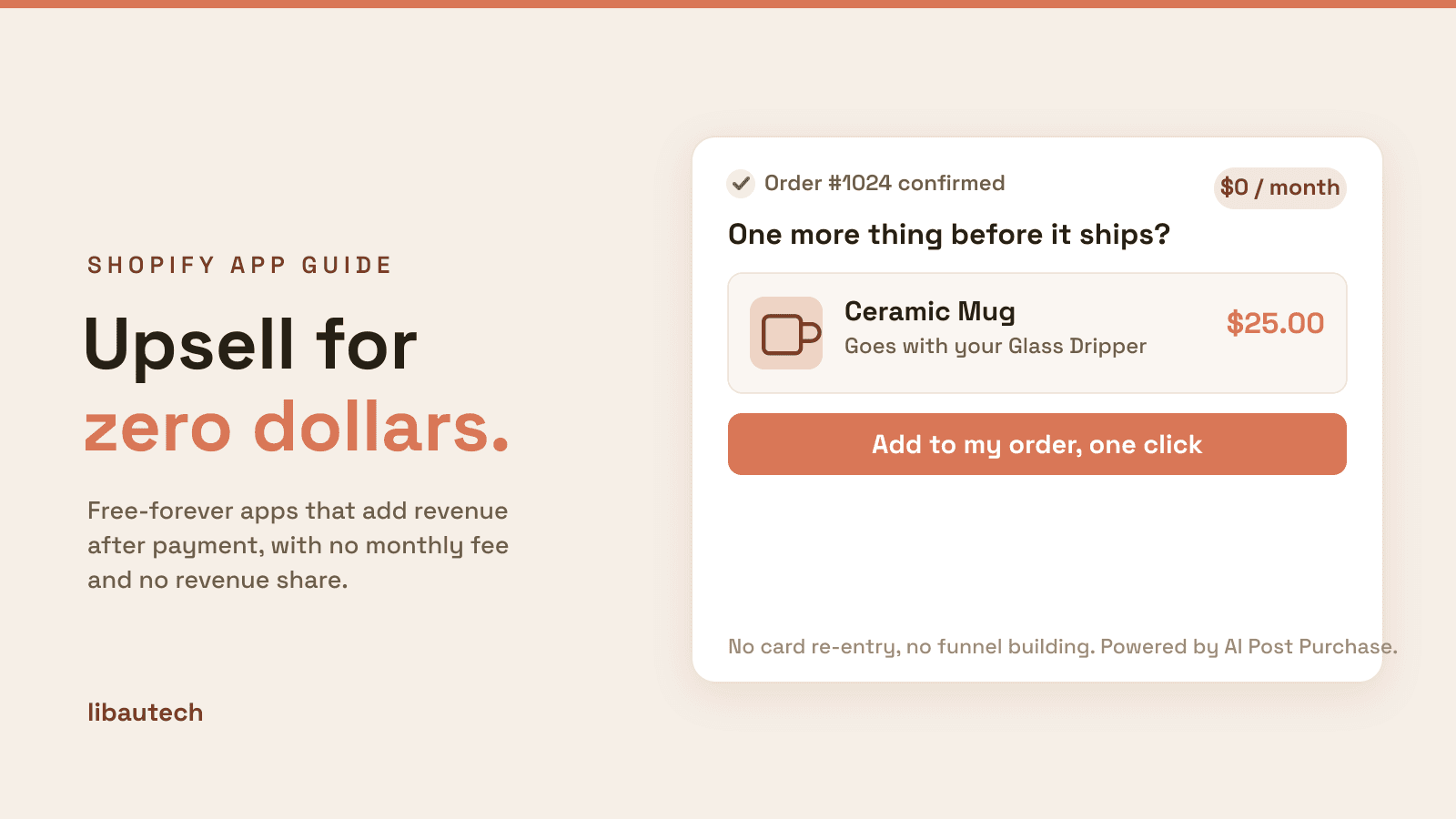 A free post-purchase Shopify upsell after an order is confirmed, offering a Ceramic Mug for $25 with an Add to my order button and a $0 per month tag.