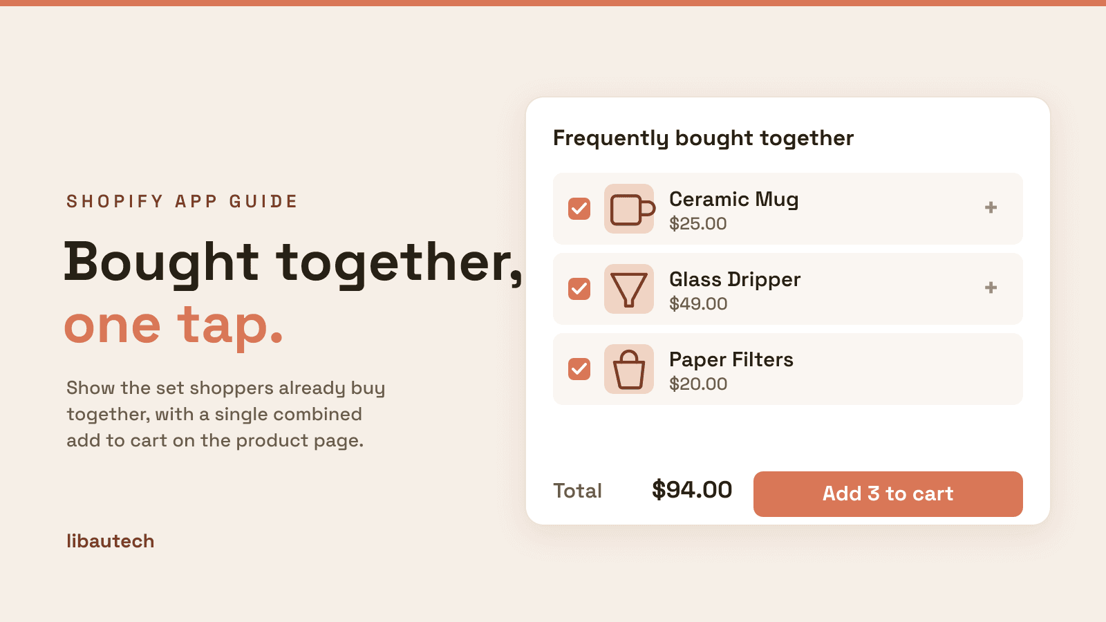 A Shopify product page with a frequently bought together widget: a Ceramic Mug, Glass Dripper and Paper Filters checked, totaling $94, with an Add 3 to cart button.