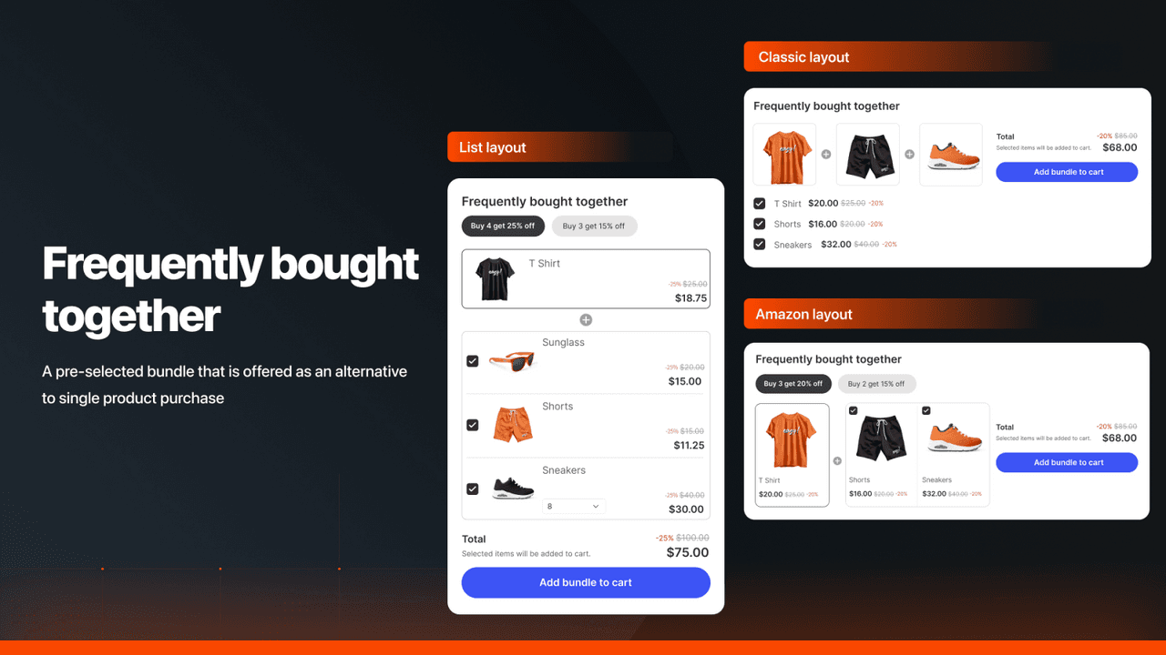 Selleasy Amazon-style frequently bought together product bundles shown in several product-page layouts.