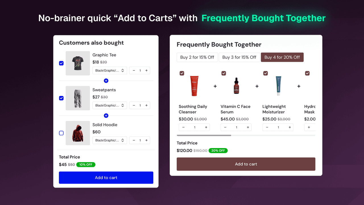 Fly Upsell and Cross Sell showing multi-placement frequently bought together and upsell offers.