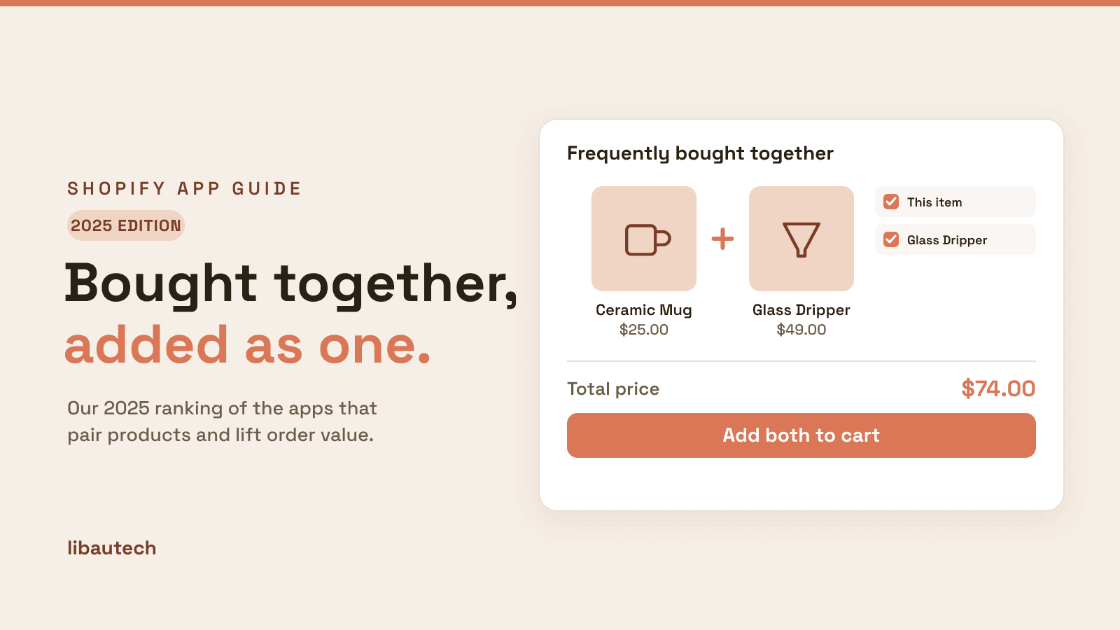 A 2025 edition Shopify frequently bought together widget pairing a Ceramic Mug and Glass Dripper for $74 with an Add both to cart button.