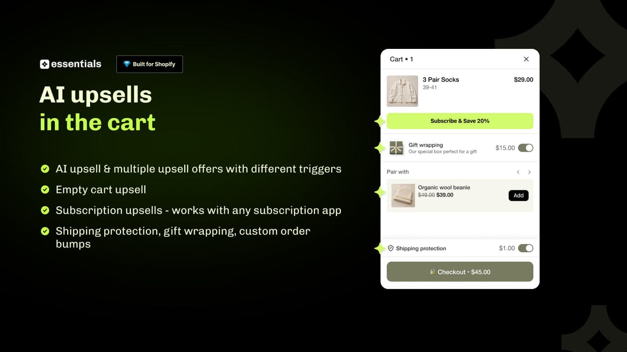 Essent Cart Drawer showing AI upsells in the cart, a subscribe and save offer, gift wrapping and shipping protection, built for Shopify.