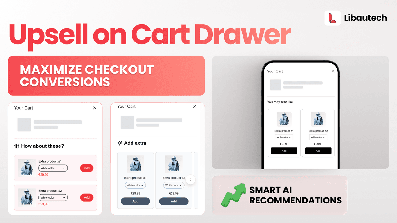 Libautech Bundles and Upsell cart drawer upsell showing recommended add-on products with an add button next to the items in the cart.