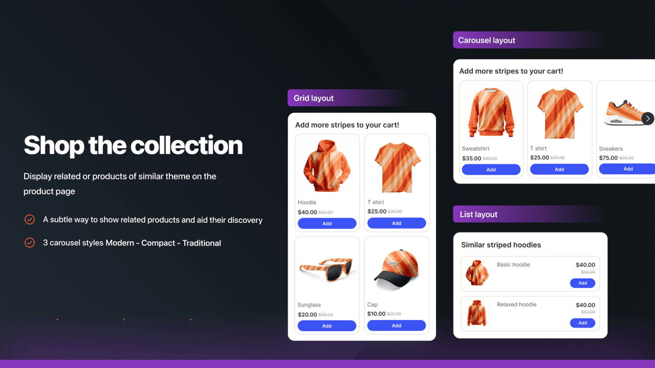 Selleasy in-cart and product-page cross-sell offers shown in grid, list and carousel layouts, adding related products to the cart.