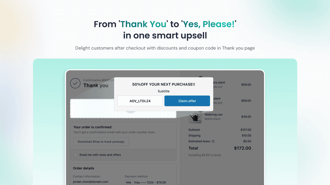 AOV.ai post-purchase upsell on a Shopify thank-you page, offering a discount and coupon code after the order is confirmed.