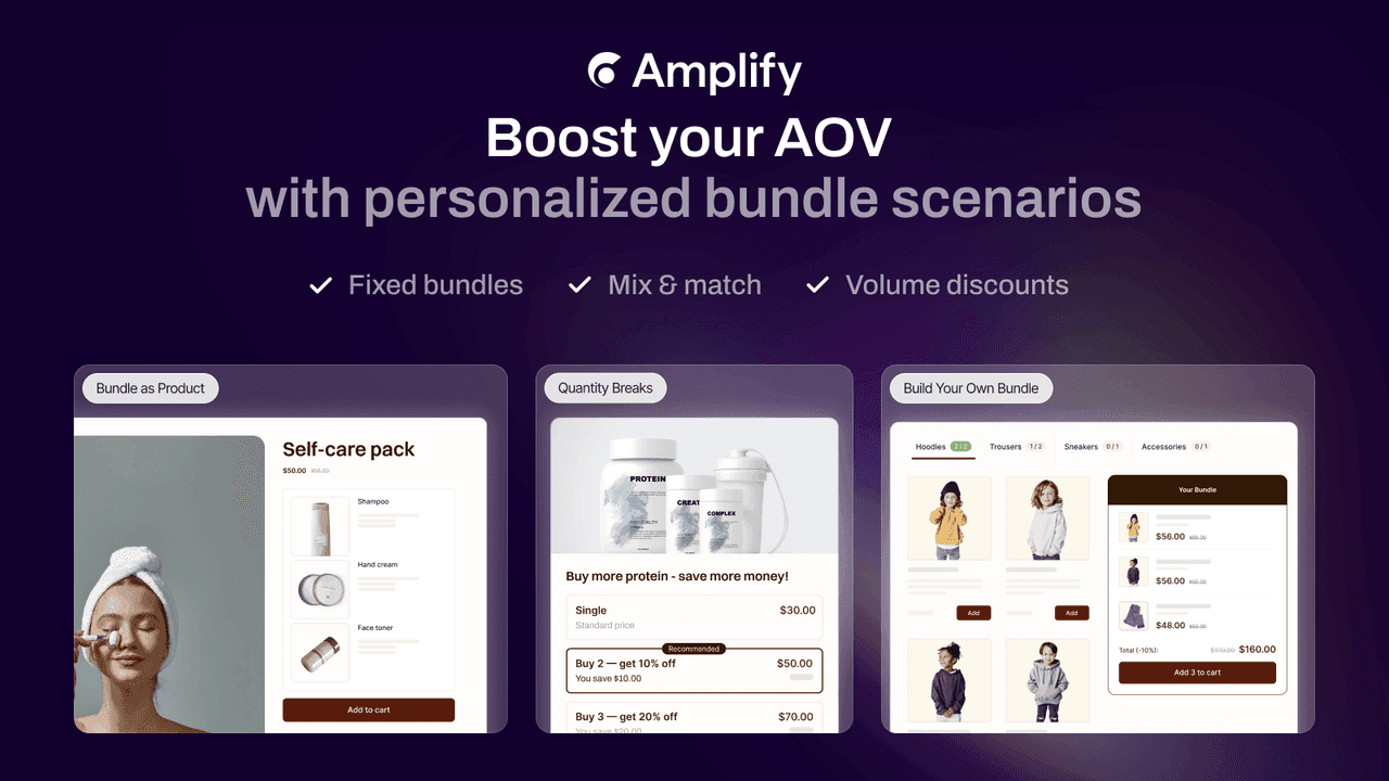 Amplify, formerly PickyStory, showing personalized bundle scenarios including fixed bundles, mix and match, and quantity breaks.