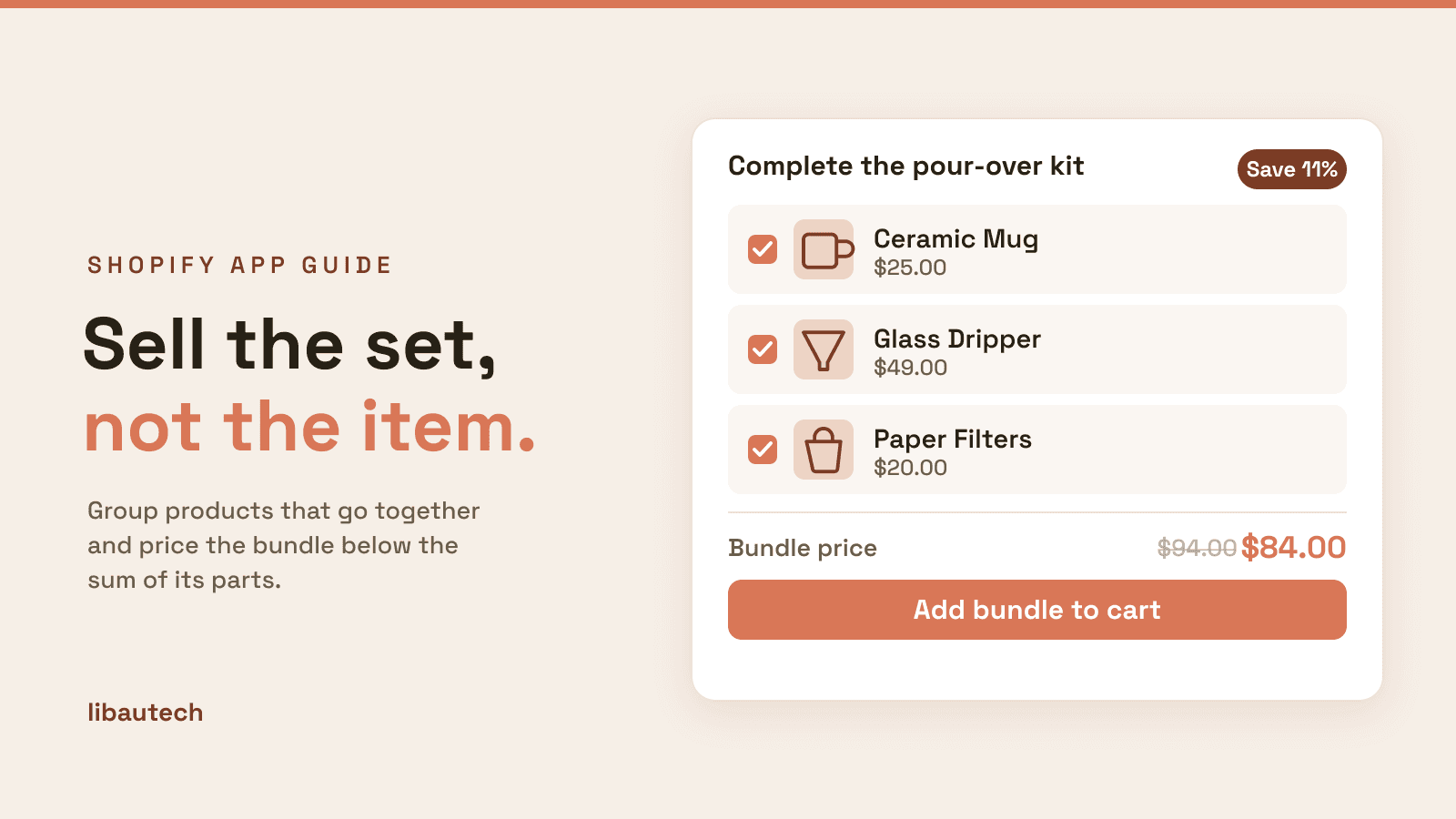 A Shopify bundle offer: a Complete pour-over kit of a Ceramic Mug, Glass Dripper and Paper Filters priced at $84 instead of $94, with an Add bundle to cart button.