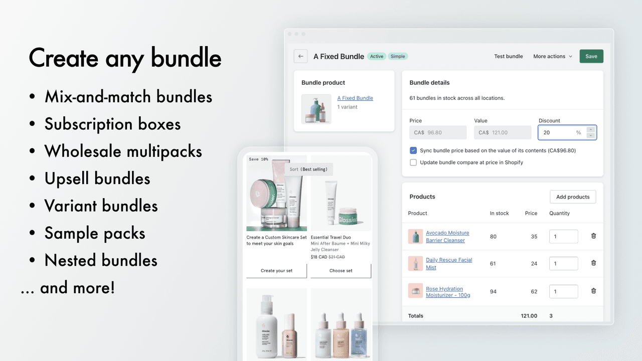 Simple Bundles admin creating a bundle as a real product, with multipacks, kits, mix-and-match and wholesale multipacks that sync component SKUs to inventory.