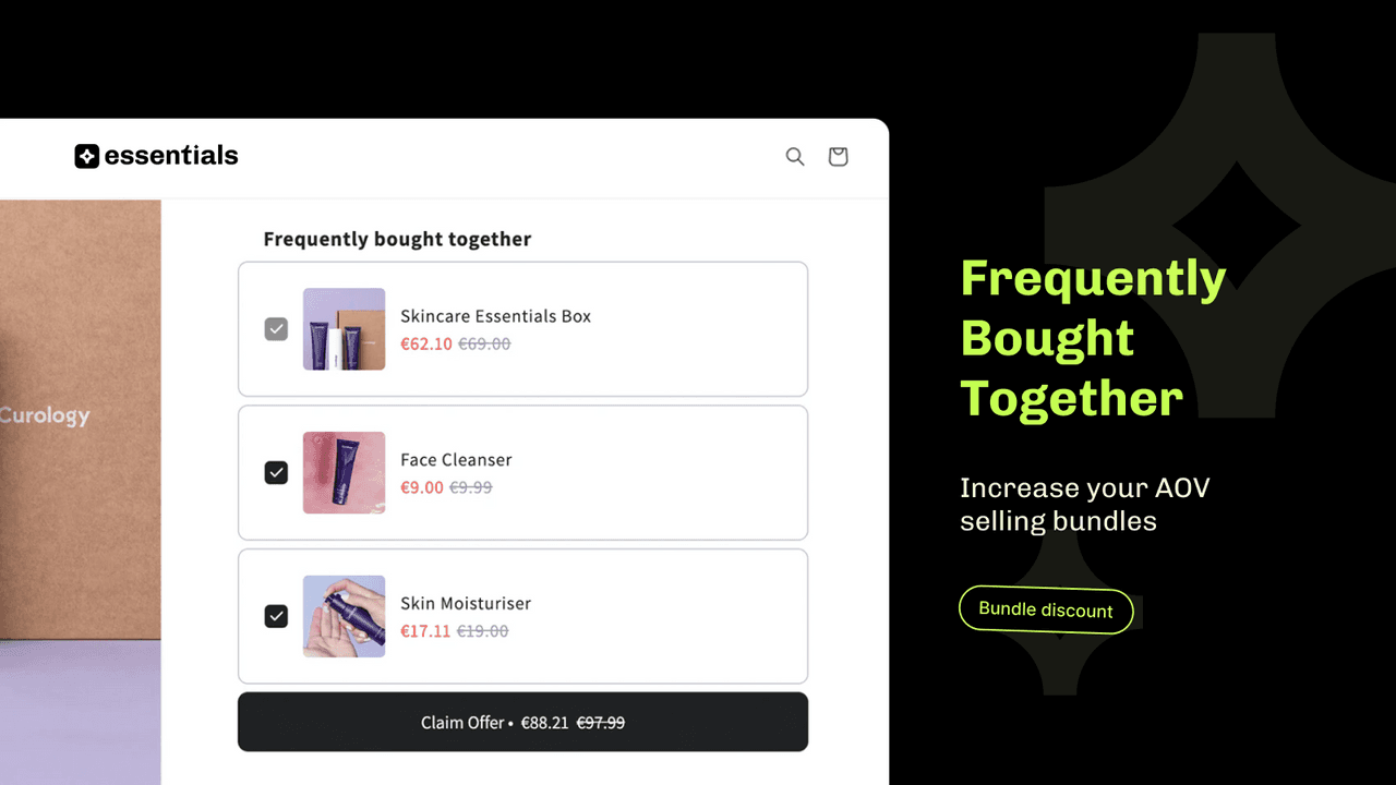 Essential Upsell and Cross Sell showing a frequently bought together bundle widget.