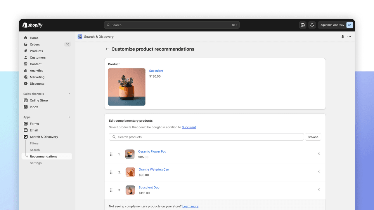 Shopify Search and Discovery admin for assigning complementary product recommendations.