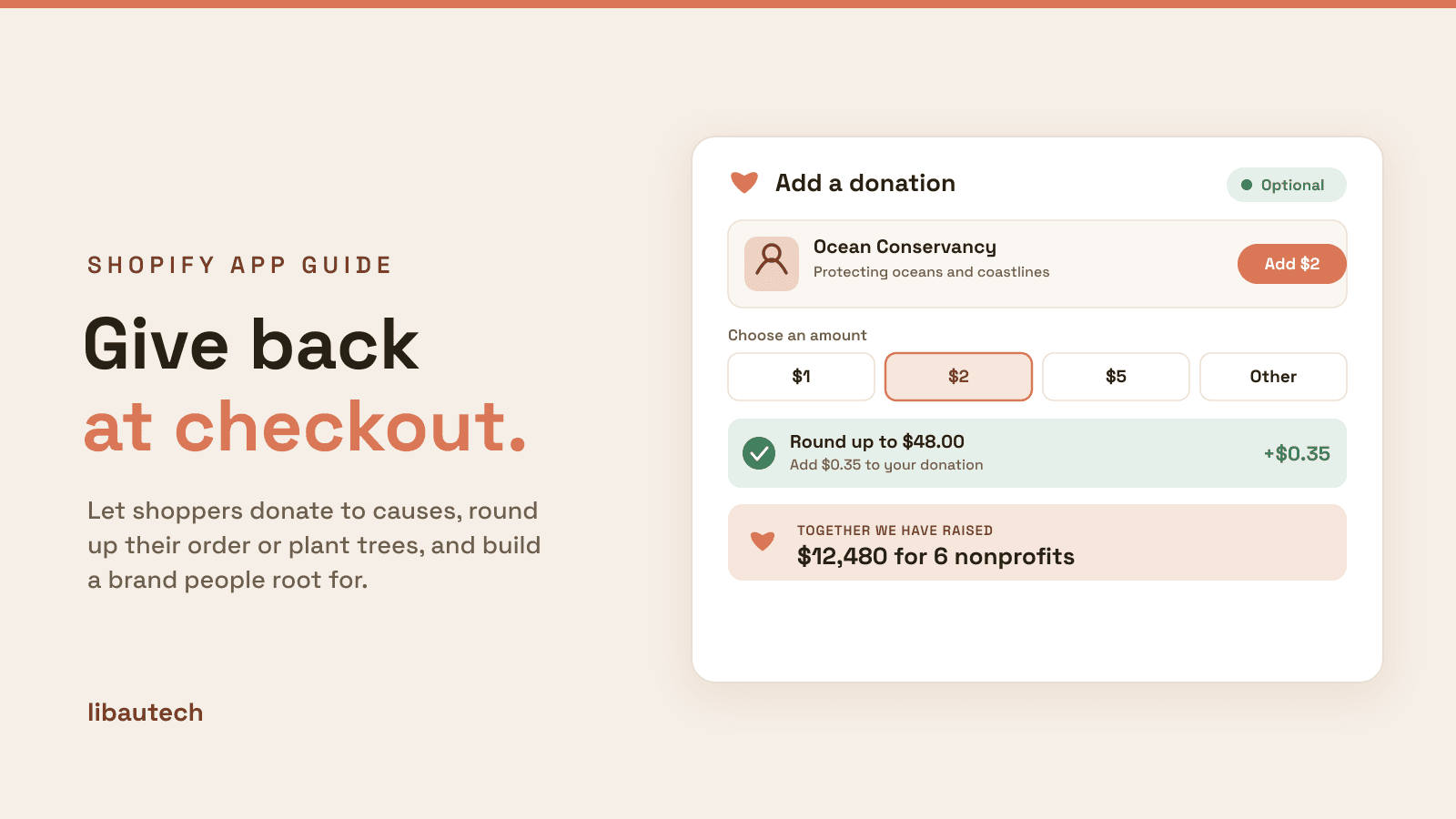 8 Best Shopify Donation Apps 2026: a checkout donation widget with a chosen charity, amount options, a round-up to the nearest dollar and a running impact total.