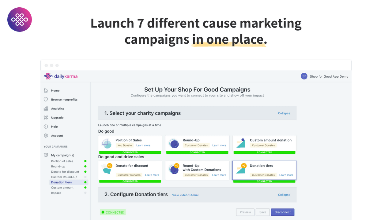 Shop for Good showing donate-to-unlock and cause-marketing campaigns.