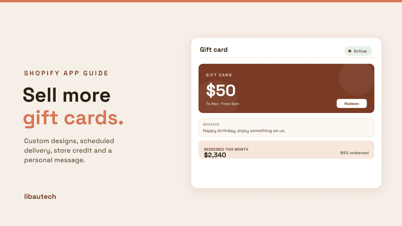 8 Best Shopify Gift Card Apps 2026: a digital gift card for fifty dollars with a personal message and redemption details.