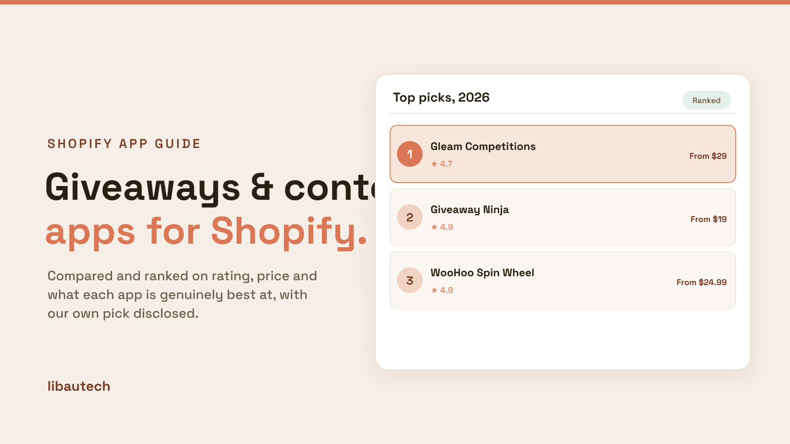 Ranked top Shopify giveaway and contest apps for 2026 with ratings and prices.