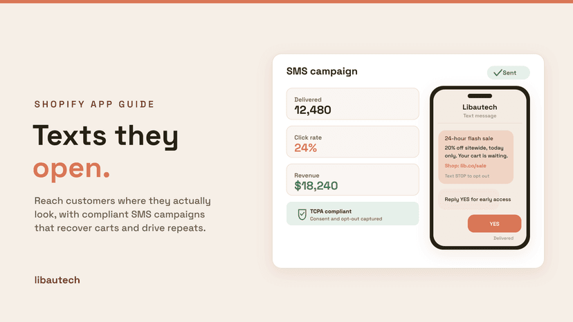8 Best Shopify SMS Marketing Apps 2026: a phone showing an SMS campaign with delivered, click-rate and revenue tiles and a TCPA-compliant consent note.