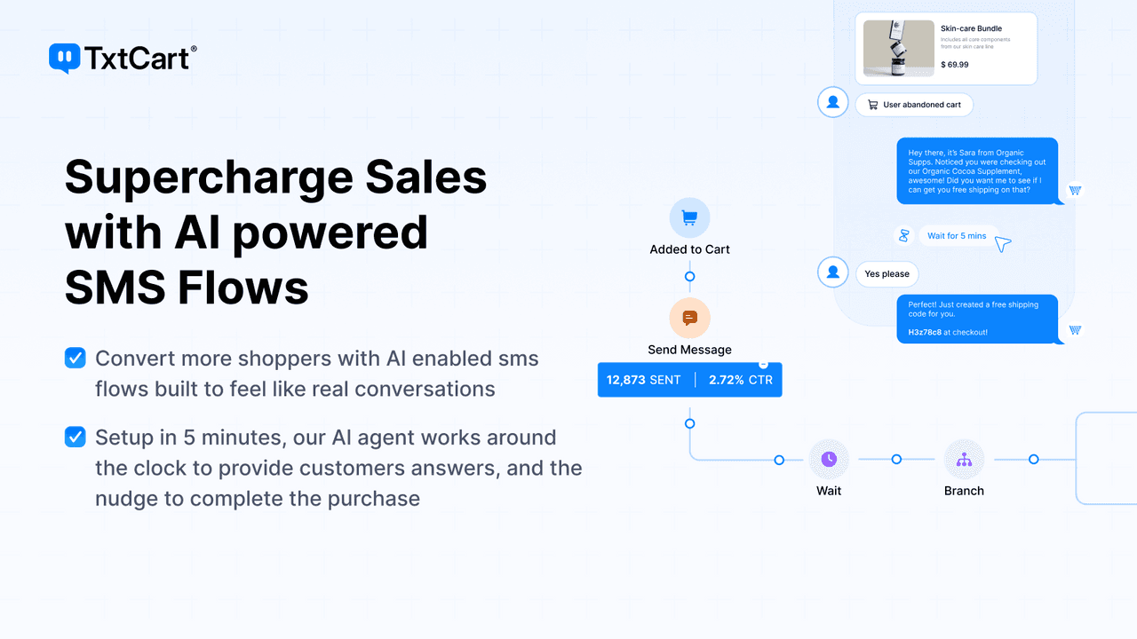 TxtCart showing conversational, AI-driven cart-recovery texting.
