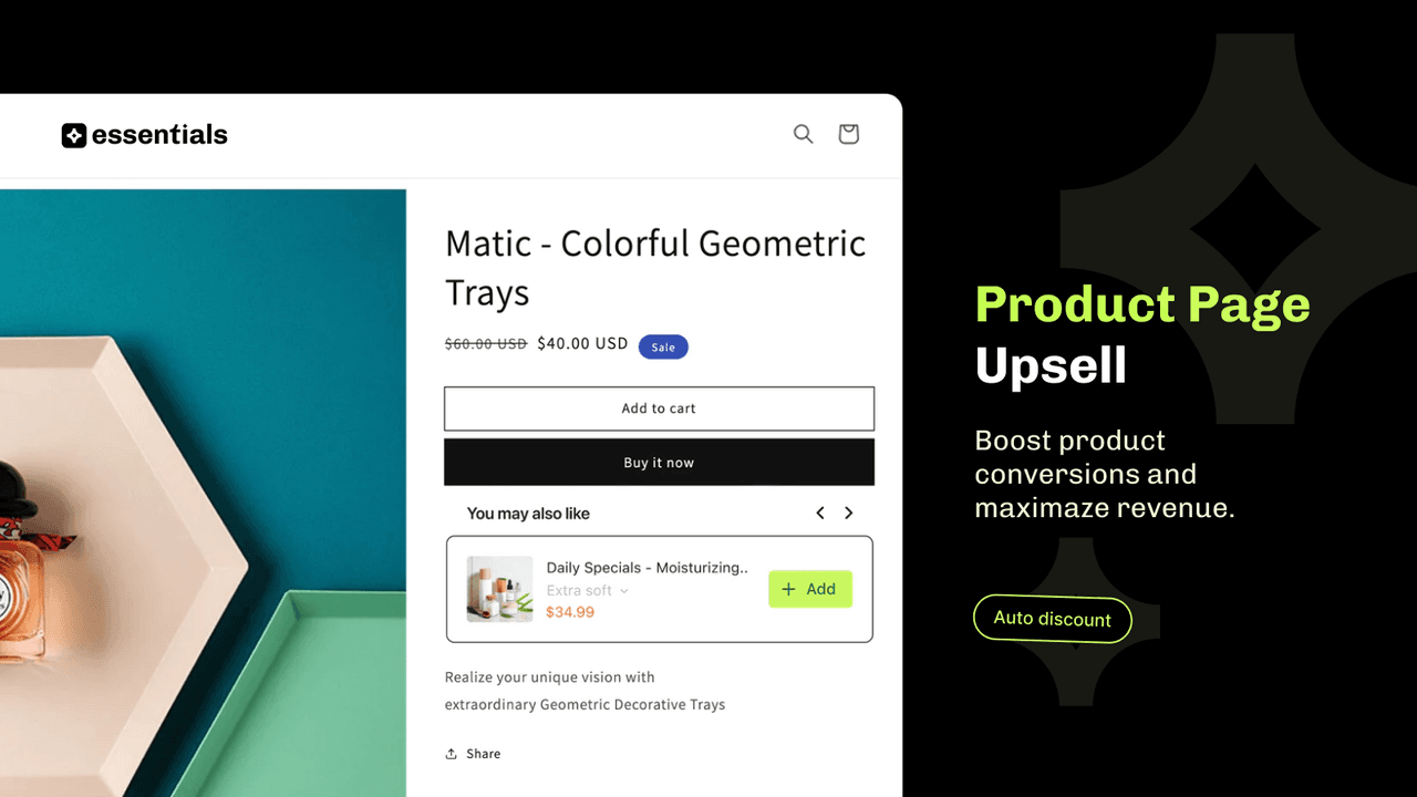 Essential Upsell and Cross Sell product-page upsell with a you may also like block and an add button below add to cart.