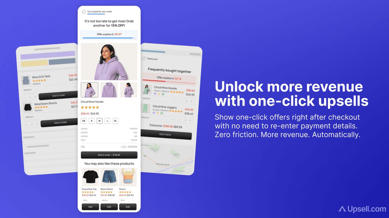 ReConvert one-click post-purchase upsell offers shown after checkout on mobile, with a countdown and no need to re-enter payment.
