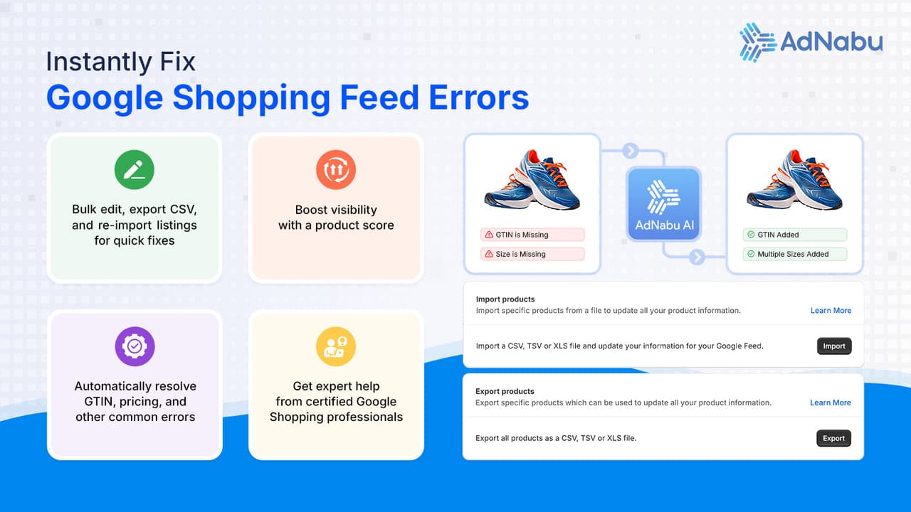 Nabu for Google Shopping Feed by AdNabu showing AI-assisted feed optimization and Merchant Center error resolution.