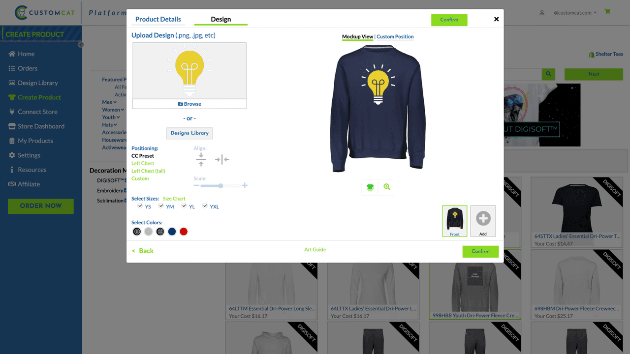 CustomCat product designer placing artwork on a sweatshirt mockup.
