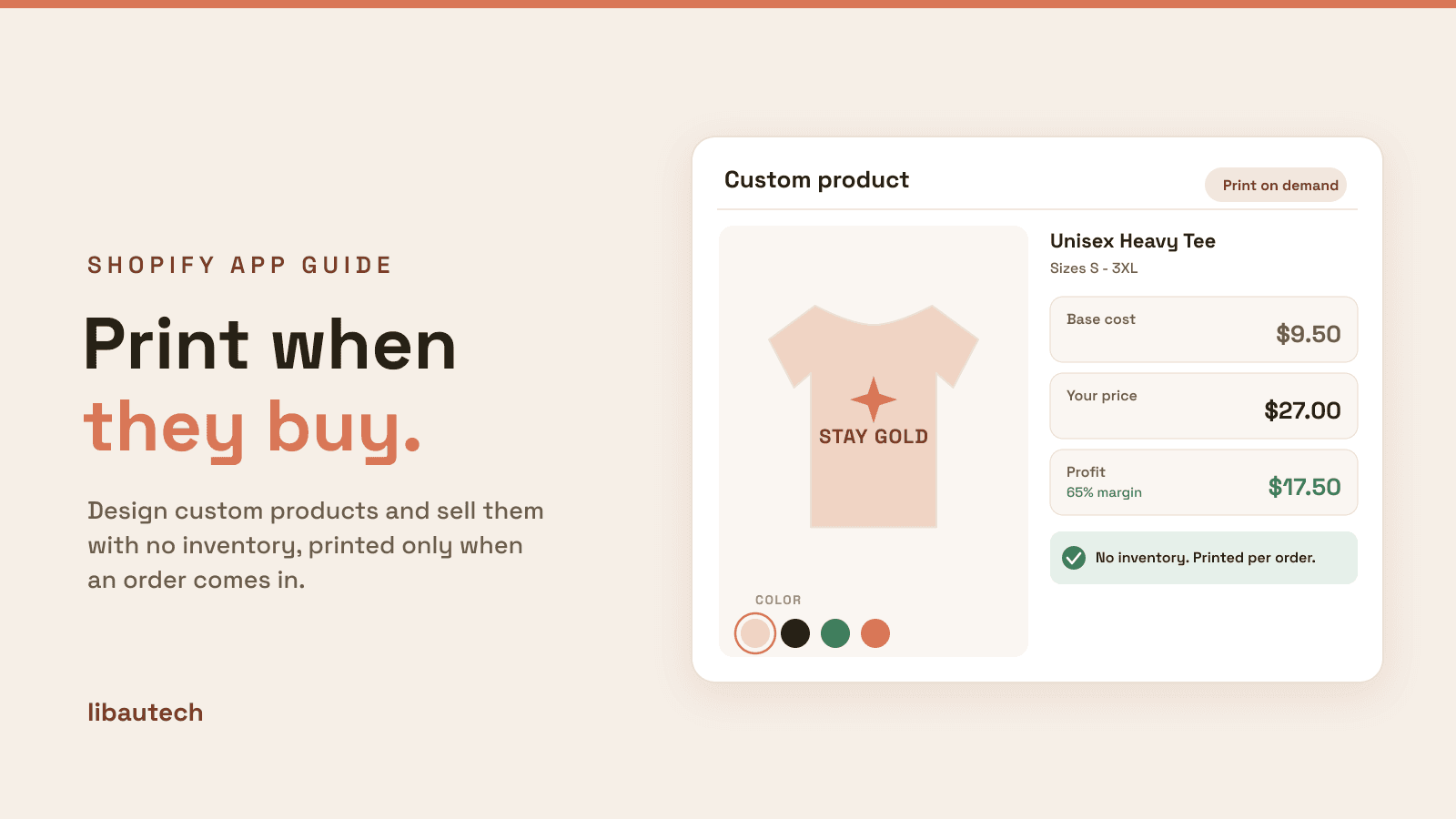 8 Best Shopify Print-on-Demand Apps 2026: a custom t-shirt product mockup with color options and a base-cost, price and profit breakdown printed only when ordered.