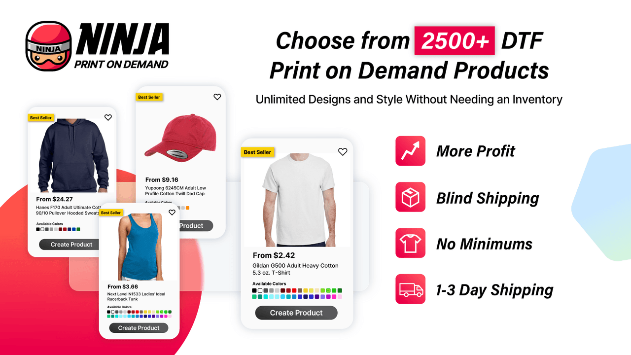 NinjaPOD offering DTF apparel printing.