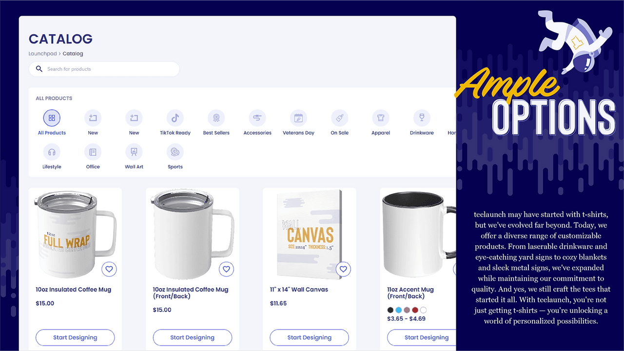 teelaunch offering a wide range of print-on-demand products.