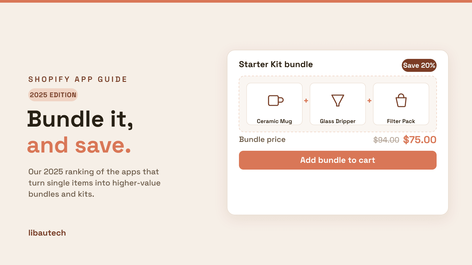 A 2025 edition Shopify Starter Kit bundle of a Ceramic Mug, Glass Dripper and Filter Pack for $75 instead of $94, with an Add bundle to cart button.