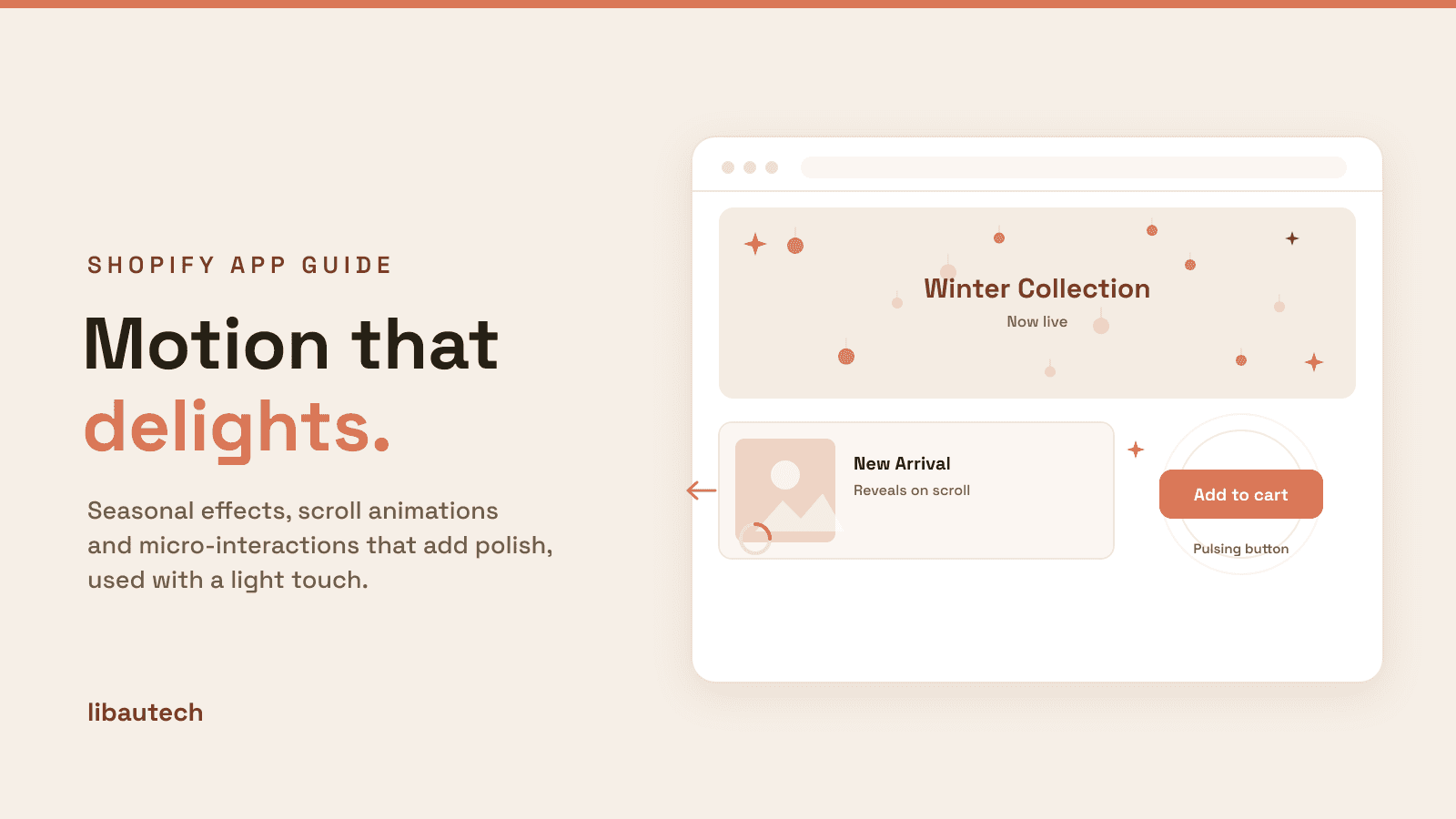 8 Best Shopify Animation and Effects Apps 2026: a storefront with falling seasonal effects, a reveal-on-scroll product card, a pulsing add-to-cart button and a preloader.