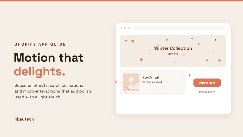 8 Best Shopify Animation and Effects Apps 2026: a storefront with falling seasonal effects, a reveal-on-scroll product card, a pulsing add-to-cart button and a preloader.