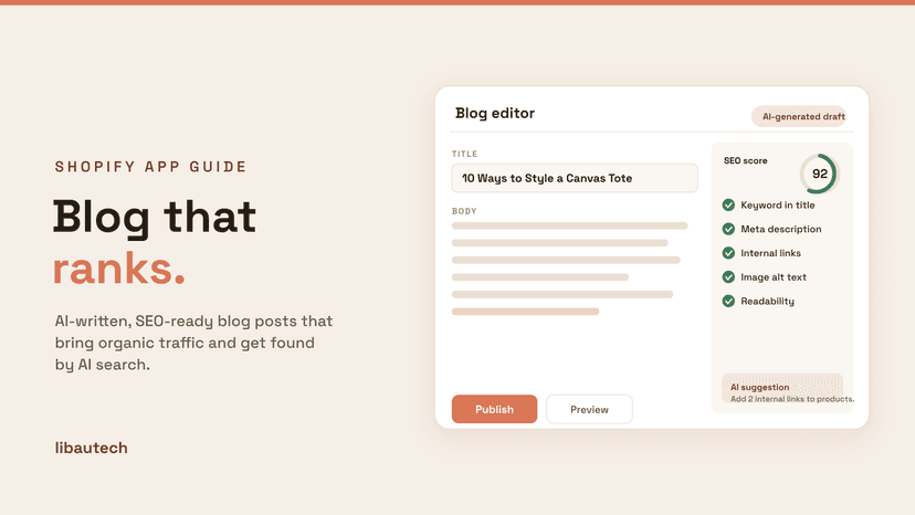 8 Best Shopify Blog Management Apps 2026: a blog editor with an AI-generated draft and an SEO score panel showing keyword, meta, links, alt text and readability checks.