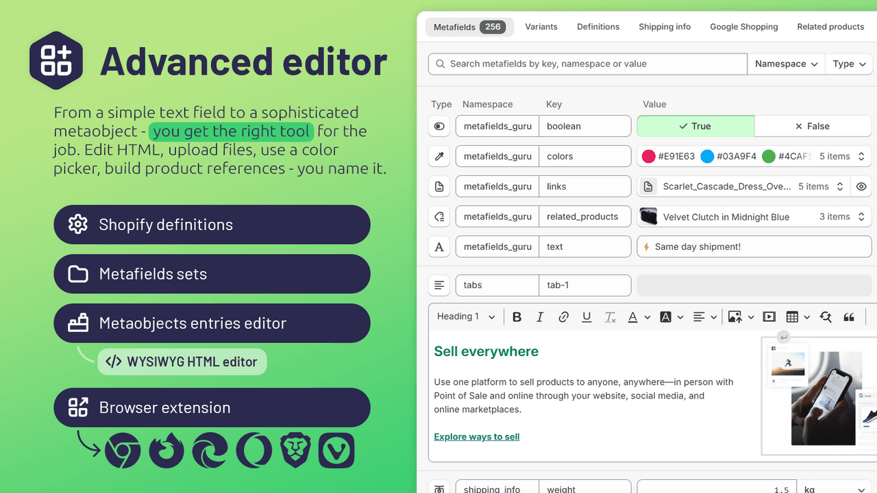 Metafields Guru showing a spreadsheet-style metafields editor.