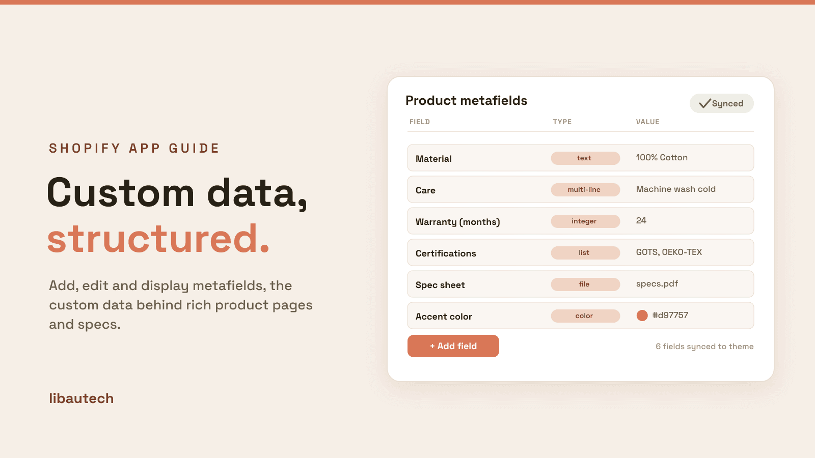 8 Best Shopify Metafields Apps 2026: a product metafields editor showing custom fields with their types and values and an add-field button.