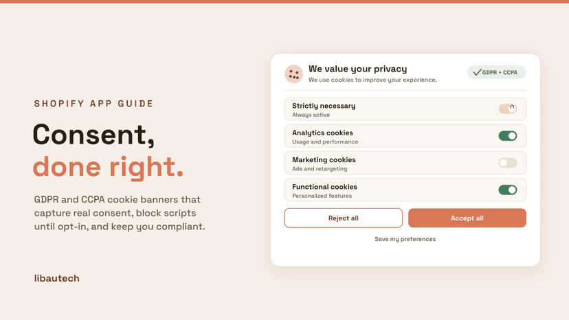 8 Best Shopify Cookie Consent Apps 2026: a GDPR and CCPA consent banner with strictly necessary, analytics, marketing and functional cookie toggles and equal reject and accept buttons.