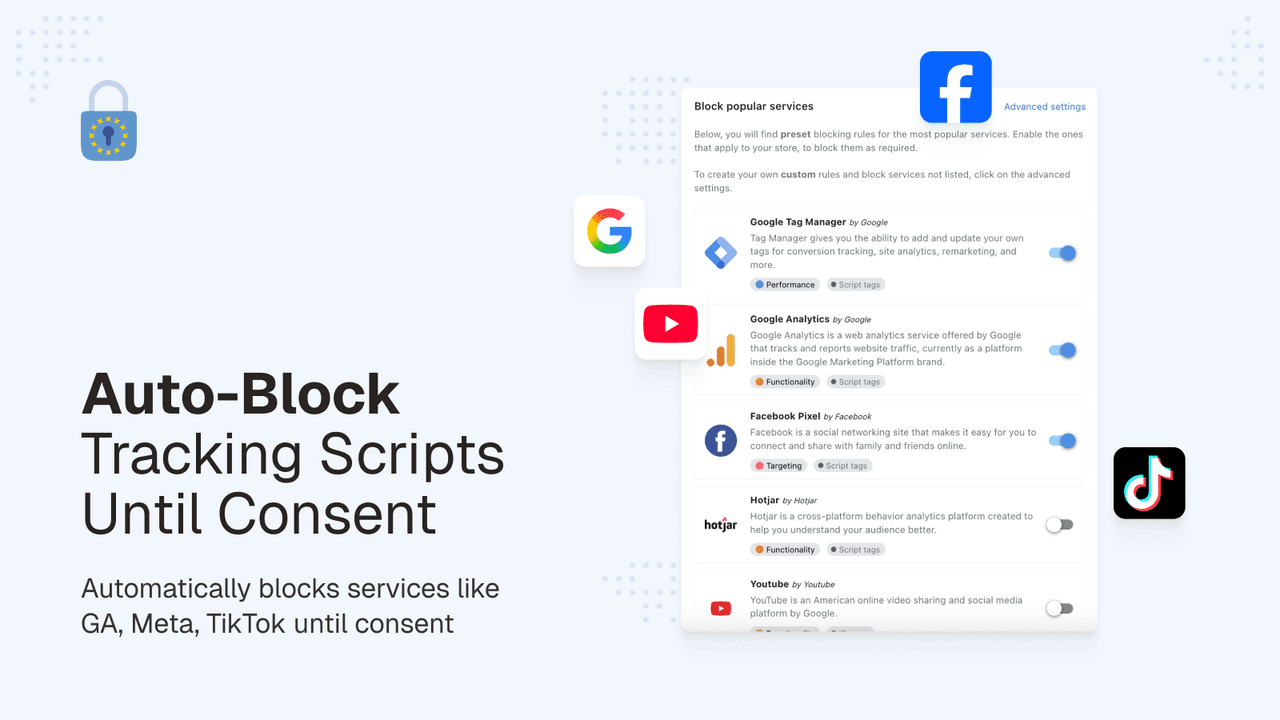 Pandectes showing a GDPR consent banner with granular categories and script blocking.