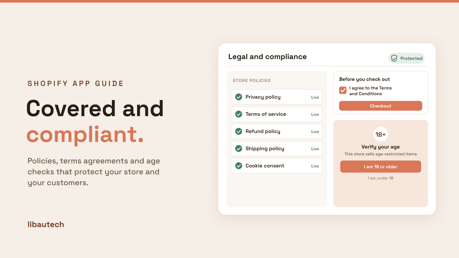 8 Best Shopify Legal Apps 2026: a legal and compliance panel with a store-policy checklist, a terms-agreement checkbox at checkout and an age-verification popup.