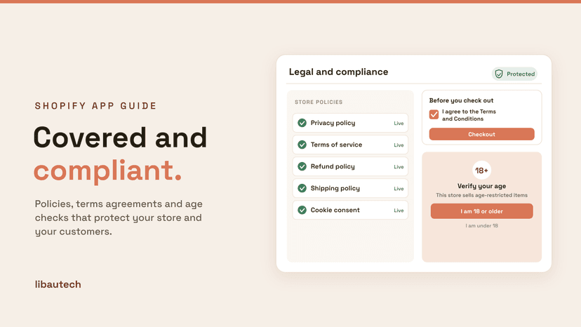 8 Best Shopify Legal Apps 2026: a legal and compliance panel with a store-policy checklist, a terms-agreement checkbox at checkout and an age-verification popup.