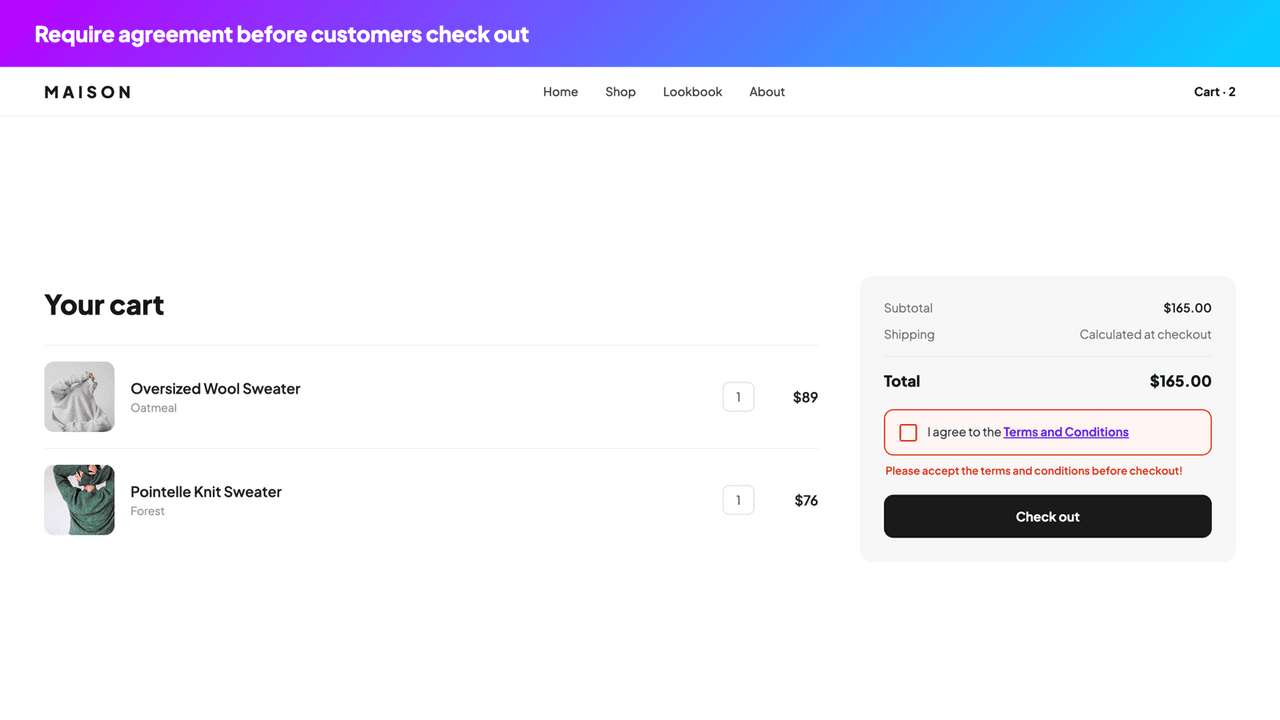 RT adding a terms and conditions checkbox to the cart.