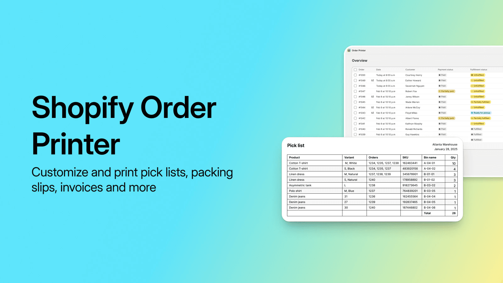 Order Printer by Shopify shown on its Shopify App Store listing.
