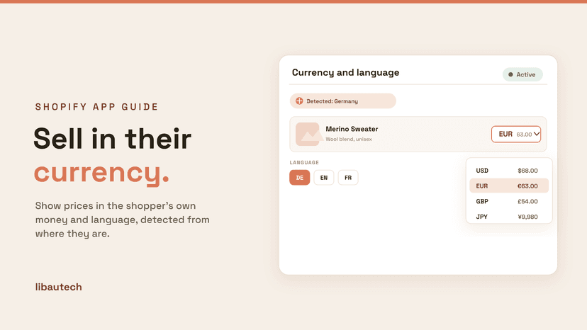 8 Best Shopify Currency and Translation Apps 2026: a product page showing prices in a shopper's local currency with a currency dropdown and language switcher, detected from location.