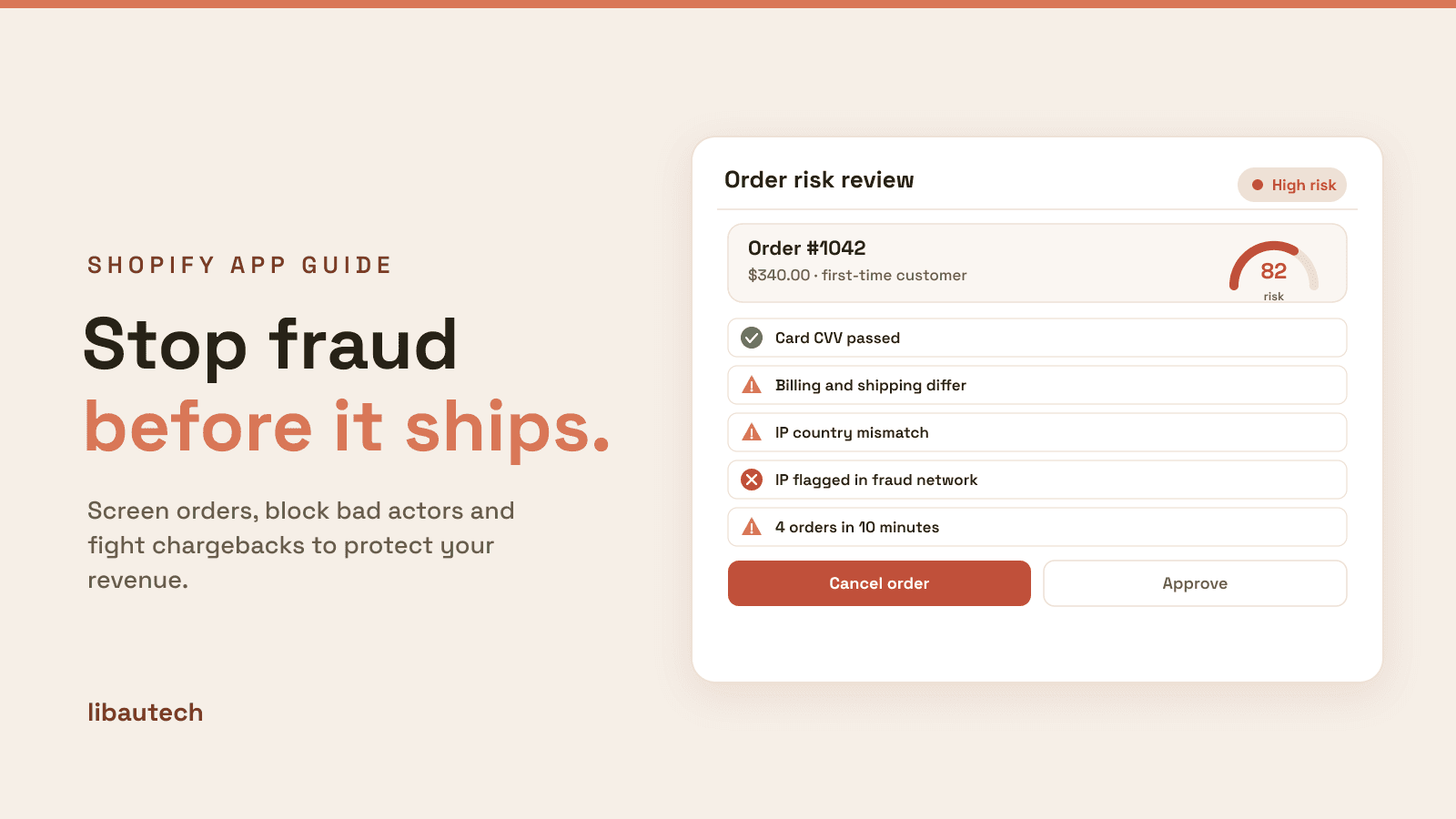 8 Best Shopify Fraud Prevention Apps 2026: an order risk review showing a high-risk score, fraud signals like IP mismatch, and cancel or approve options.