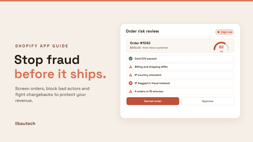 8 Best Shopify Fraud Prevention Apps 2026: an order risk review showing a high-risk score, fraud signals like IP mismatch, and cancel or approve options.