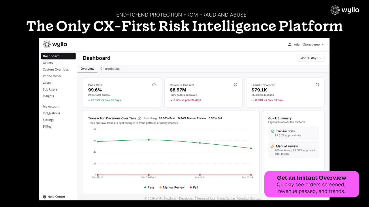 Wyllo screening orders and protecting against chargebacks.