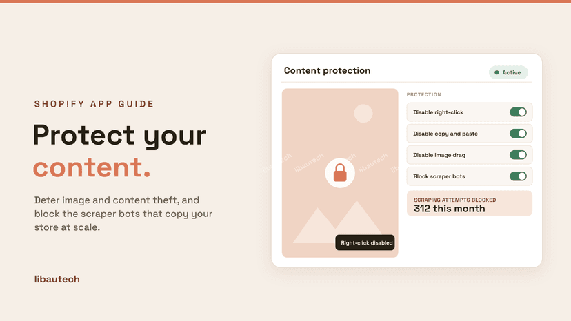 8 Best Shopify Anti-Theft Apps 2026: a content protection panel with a watermarked, locked product image, right-click and copy disabled, and blocked scraping attempts.