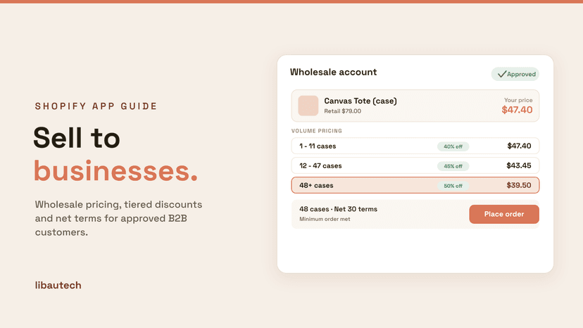 8 Best Shopify Wholesale Apps 2026: an approved wholesale account showing retail versus wholesale price, volume-pricing tiers and net-30 ordering.