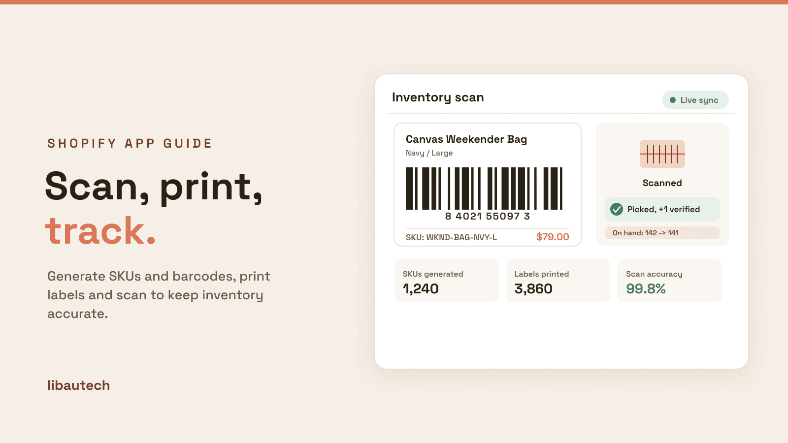 8 Best Shopify SKU and Barcode Apps 2026: a printed barcode label with SKU and price beside a scanner verifying a pick and updating on-hand inventory.