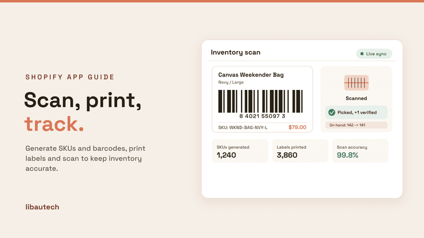 8 Best Shopify SKU and Barcode Apps 2026: a printed barcode label with SKU and price beside a scanner verifying a pick and updating on-hand inventory.