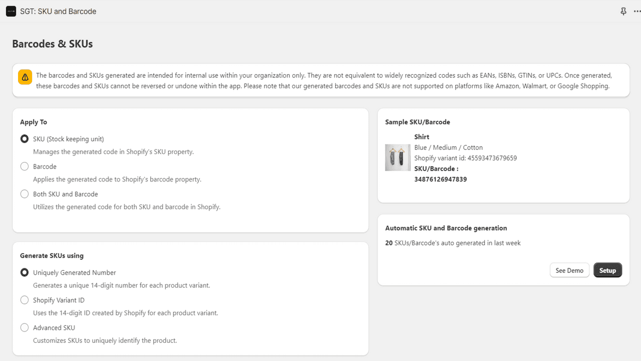 SGT generating rule-based SKUs and barcodes across a catalog.