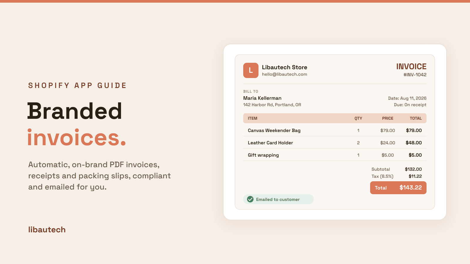 8 Best Shopify Invoice and Receipt Apps 2026: a branded PDF invoice with line items, tax, total and an emailed-to-customer confirmation.