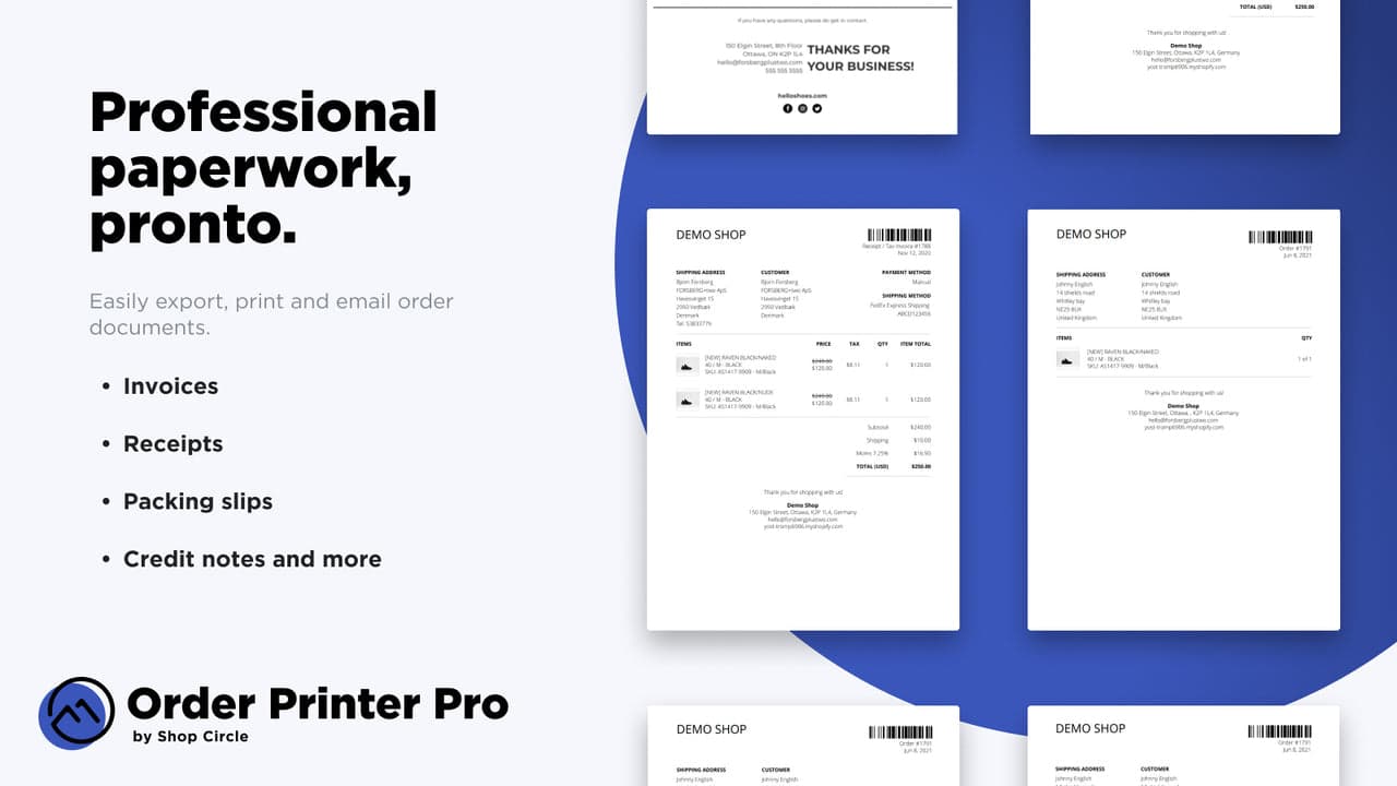 Order Printer Pro generating branded PDF invoices and packing slips.